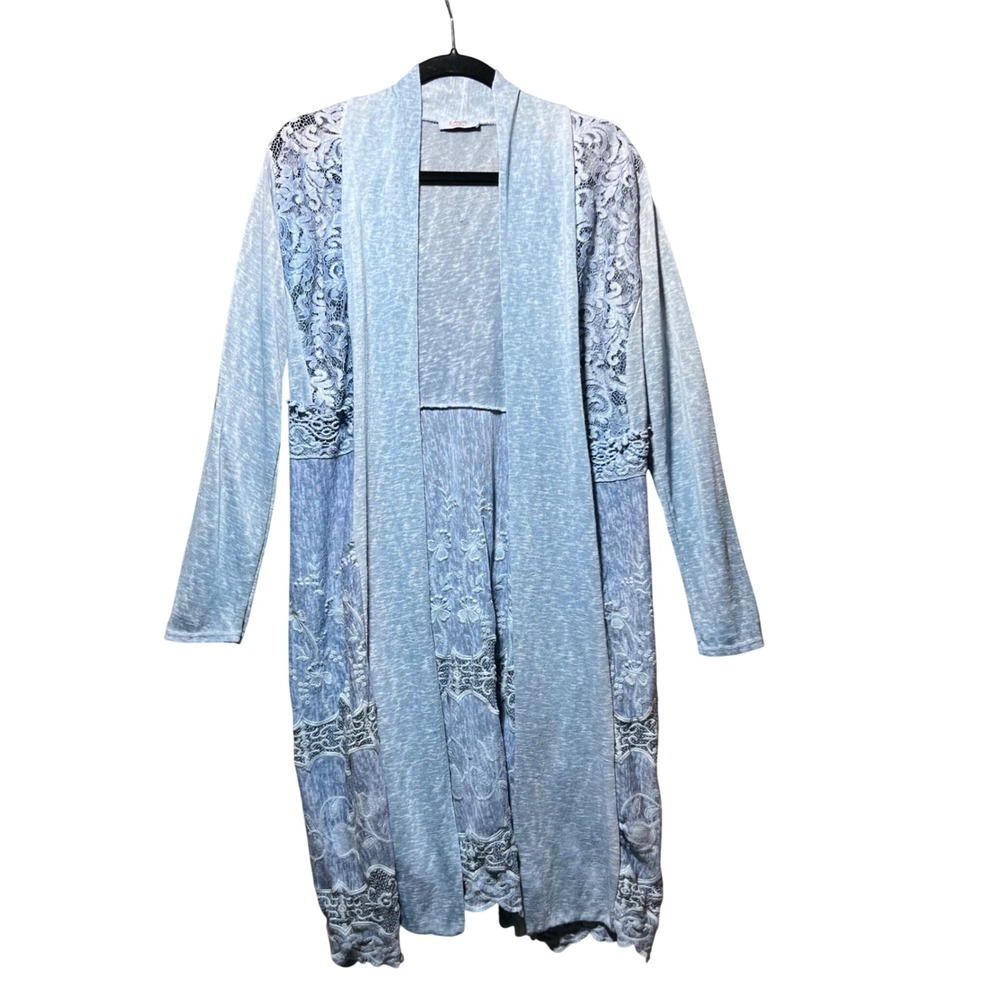 Scandal Italy Cardigan Duster Blue Lace Trim Embroidered‎ Open Front Lagenlook